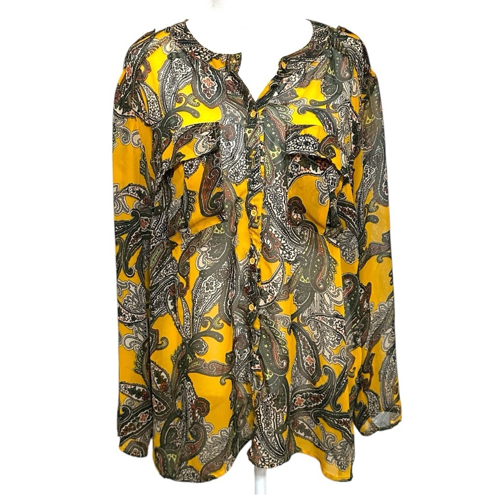 Cato Gold Gray Paisley Blouse Sheer Button Up Size XL Boho Career Casual